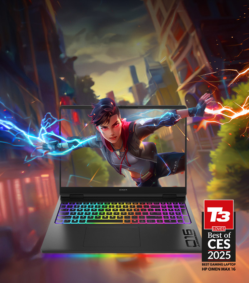 Gaming character poping out the screen of an OMEN Max 16 Gaming Laptop