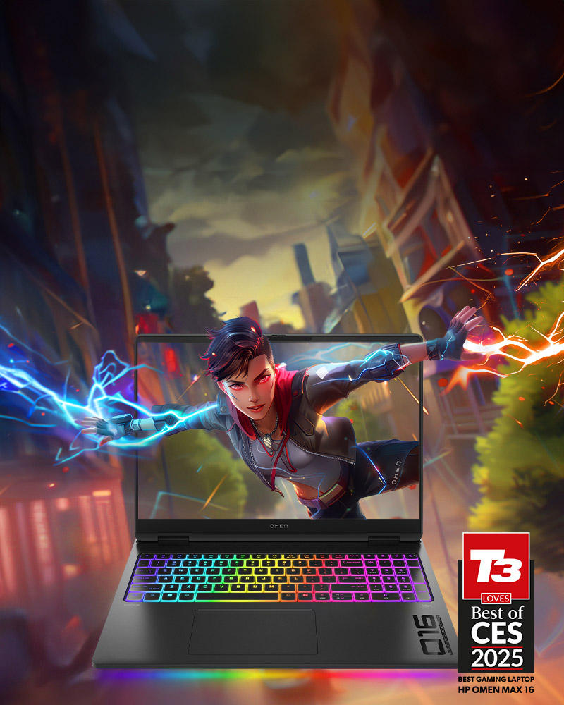 Gaming character poping out the screen of an OMEN Max 16 Gaming Laptop