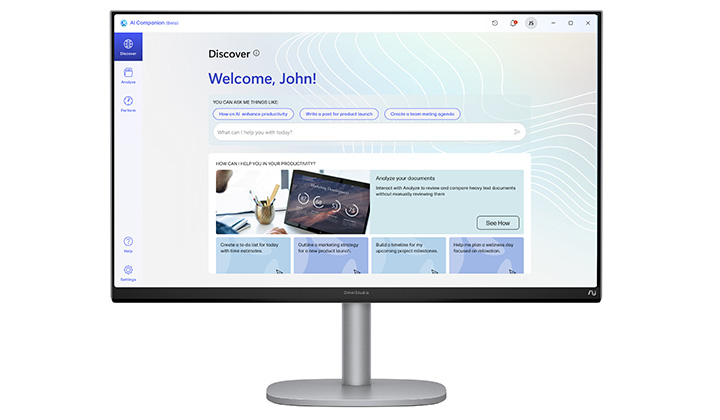 HP OmniStudio 27-inch All-in-One Next Gen AI PC Display, showing HP AI Companion software on screen