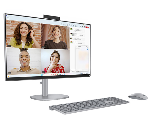 HP OmniStudio X 31.5-inch All-in-One Next Gen AI PC front right angle view with a video call on the screen