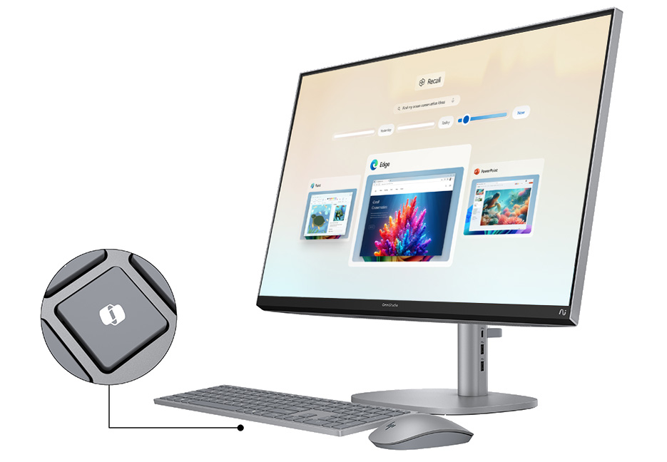 HP OmniStudio 27-inch AiO Next Gen AI PC front right view showing in detail the Microsoft Copilot Key included