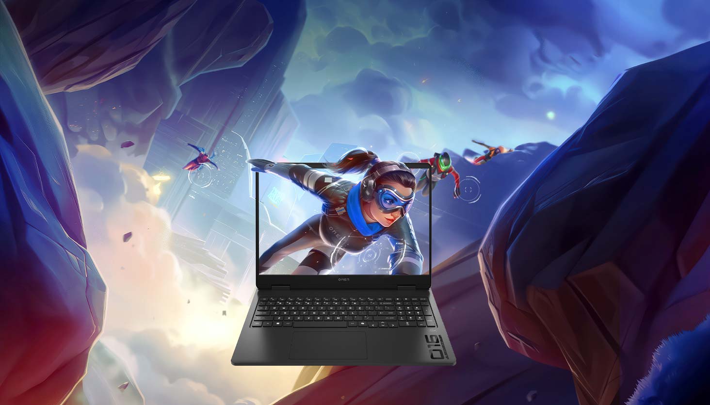 Gaming character poping out the screen of an OMEN 16 Gaming Laptop