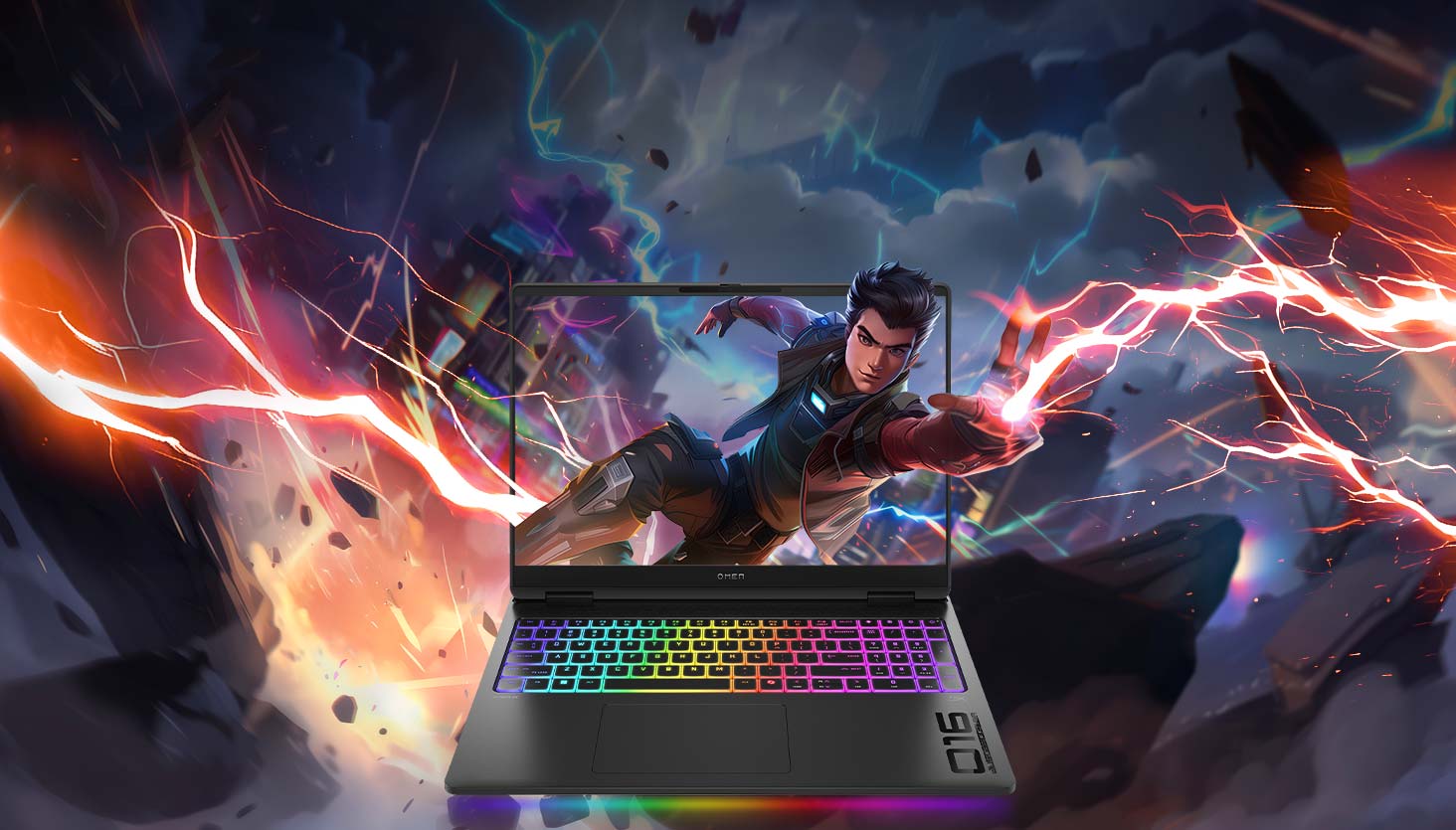 Gaming character poping out the screen of an OMEN Max 16 Gaming Laptop