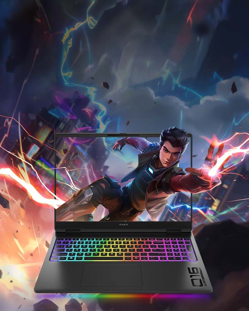 Gaming character poping out the screen of an OMEN Max 16 Gaming Laptop