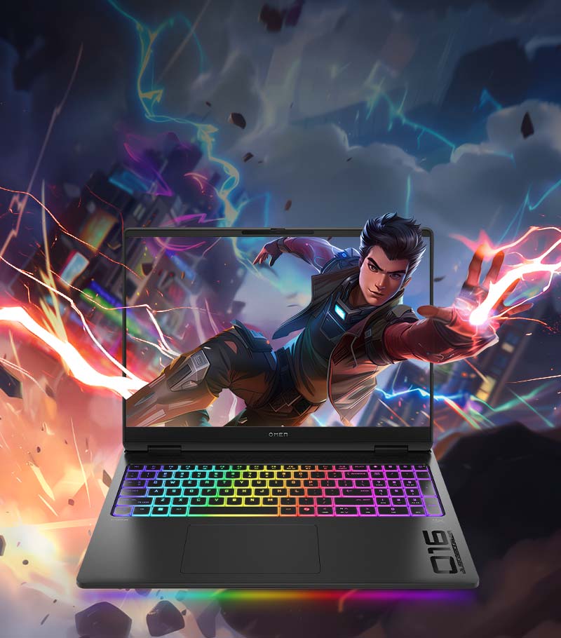Gaming character poping out the screen of an OMEN Max 16 Gaming Laptop