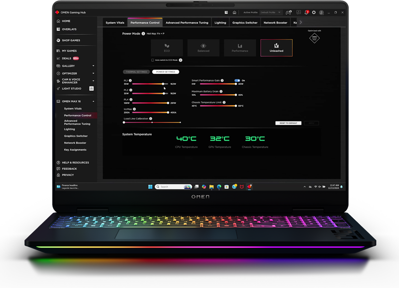 OMEN Max 16 front center view, showing the OMEN Gaming Hub