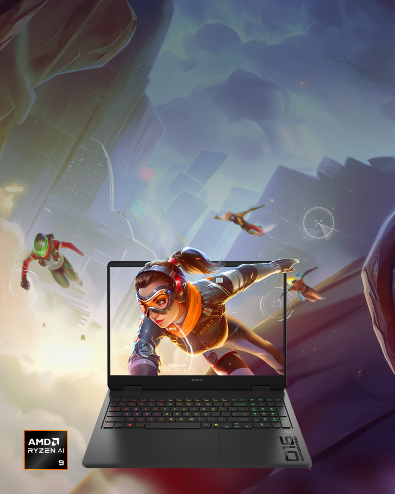 Gaming character poping out the screen of an OMEN 16 Gaming Laptop