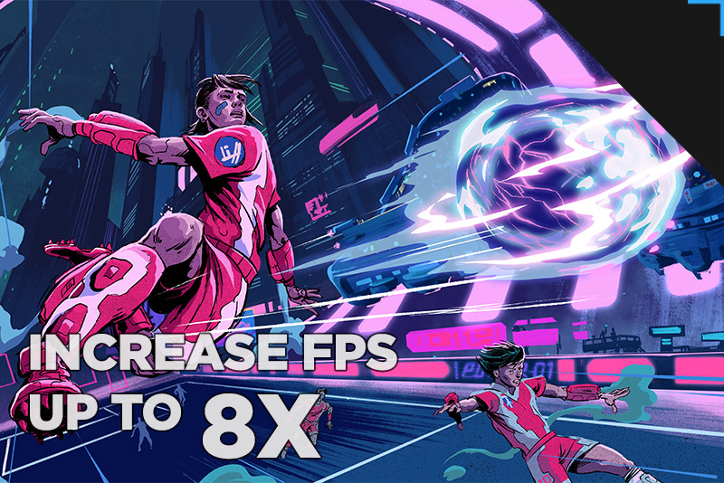Video game striker hitting the ball, with overlay text that reads Increase FPS up to 8x