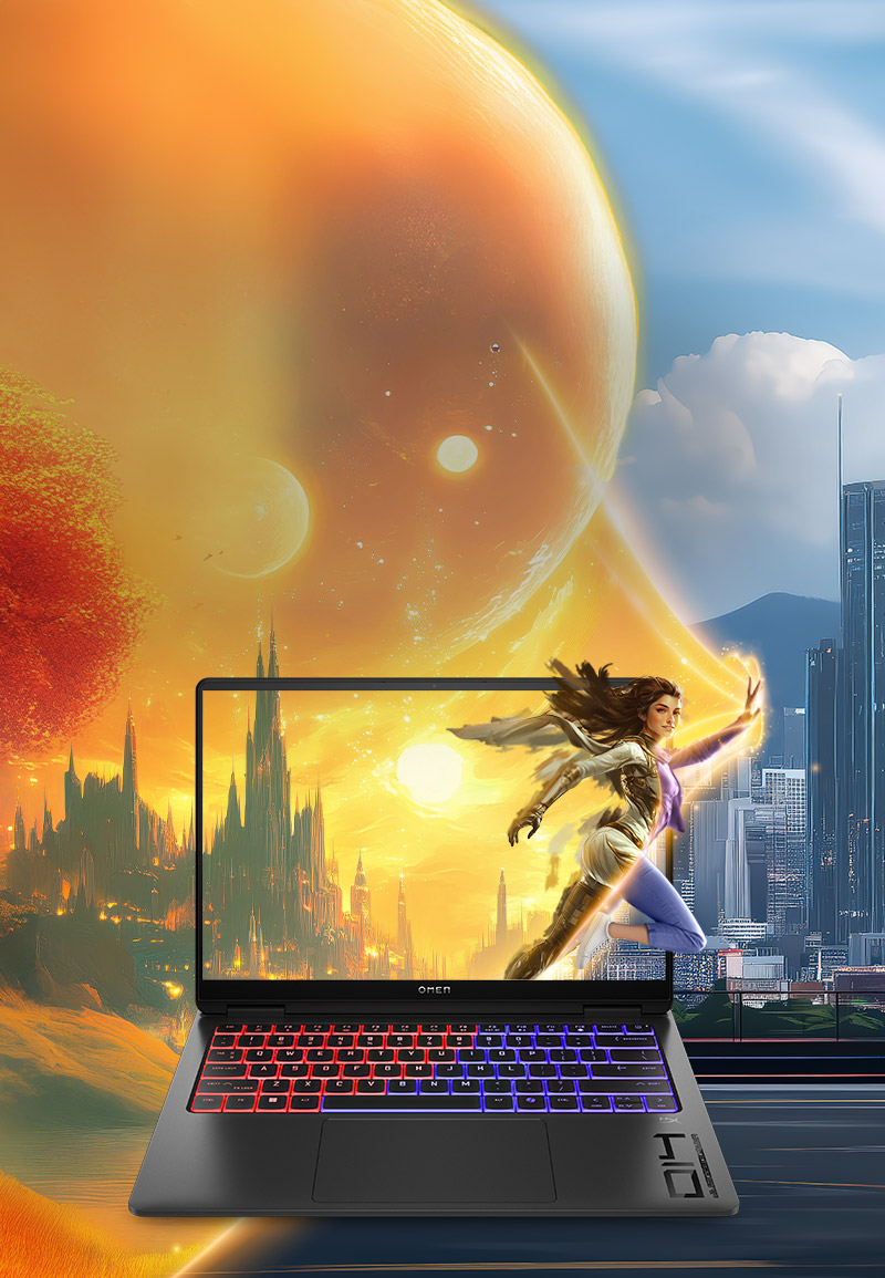 Gaming character poping out the screen of an OMEN Transcend 14 Laptop