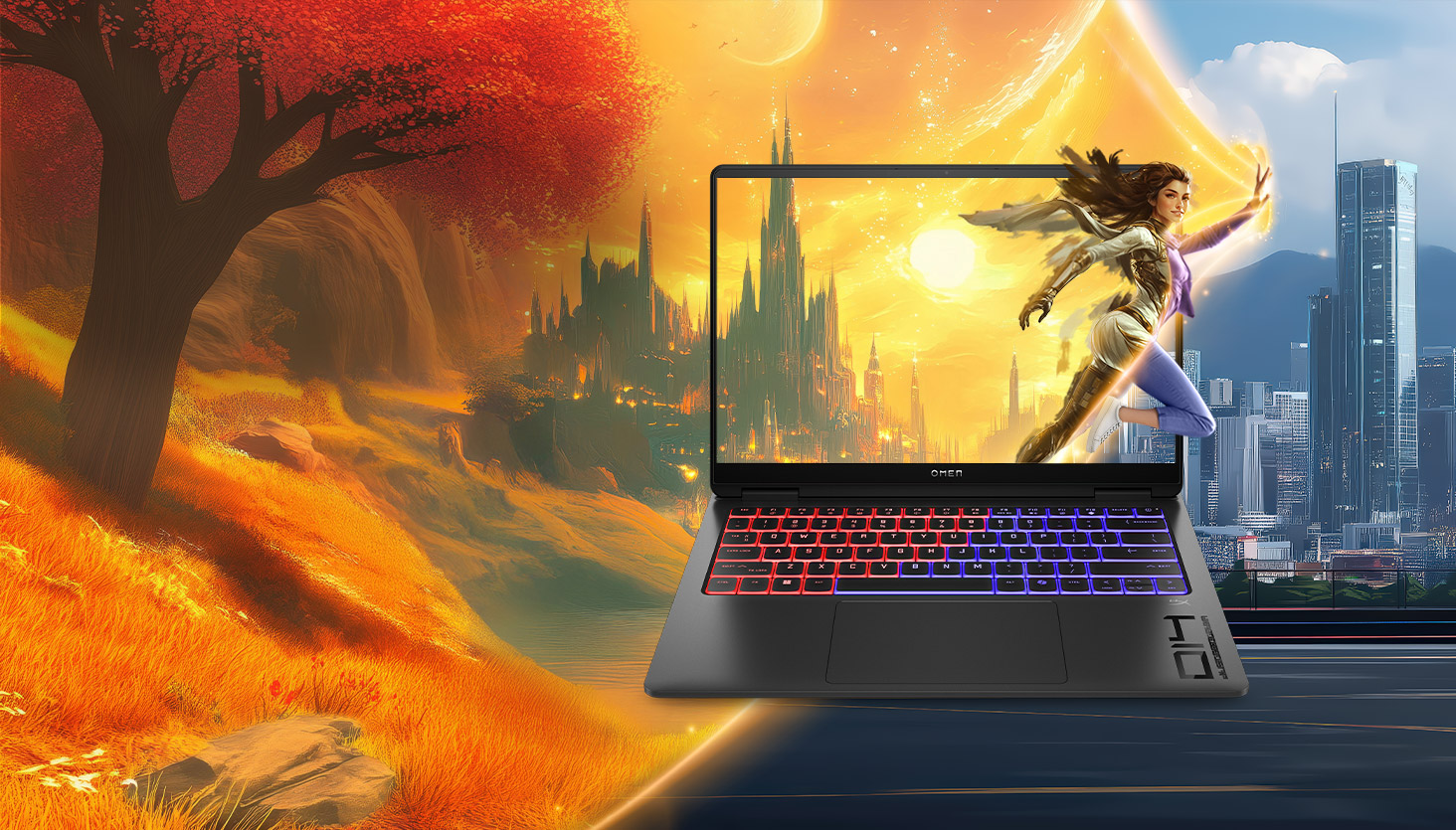 Gaming character poping out the screen of an OMEN Transcend 14 Gaming Laptop