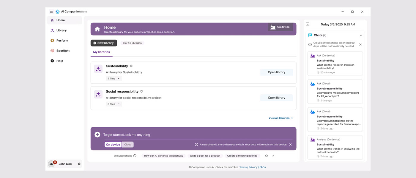 HP AI Companion Dashboard page